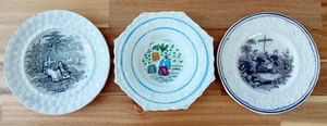 3 Antique Pearlware Children's Nursery Plates c1840 Lovers, Robinson Crusoe - Picture 1 of 9