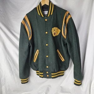 Vintage Neff Varsity Jacket Adult L Green Yellow Snap Front Cougar / Panther - Picture 1 of 10
