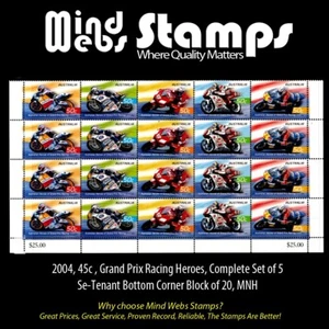2004, 50c Motorcycle Grand Prix , Complete Set of 5, Se-Tenant Block of 20, MNH - Picture 1 of 2
