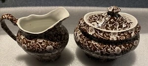 Crownford Staffordshire Calico Brown Covered Sugar Bowl & Creamer Set See Photos - Picture 1 of 11