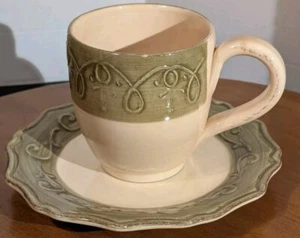 Pier 1 Gemma Baroque Earthenware Mug & Salad Dessert Plate Ivory Green Italy - Picture 1 of 16