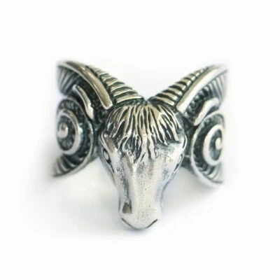 Skull Ram Horn Goat Aries Zodiac Ring 925 Sterling Silver Punk Jewelry TA123D  - Image 1 of 4