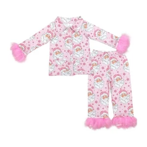 Niña Dos Piezas Navidad Rosa Papá Noel Abotonado PJS Conjunto Con Piel - Imagen 1 de 14