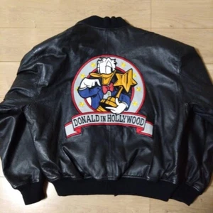 m524 Disney Vintage Donald Duck Leather Bomber Jacket L Black Excellent Conditi - Picture 1 of 9