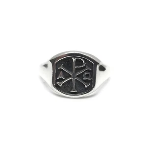 Genuine Sterling Silver Men Ring Chi Rho Alpha Omega Solid Stamped 925 Handmade - Picture 1 of 6