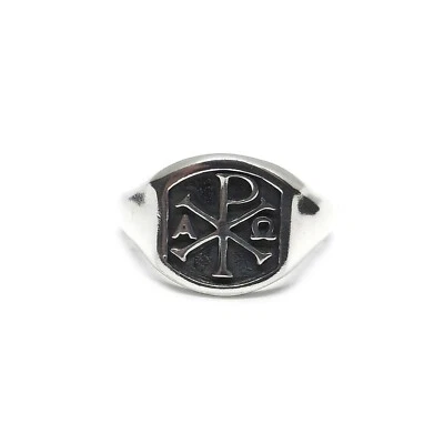 Genuine Sterling Silver Men Ring Chi Rho Alpha Omega Solid Stamped 925 Handmade - Image 1 of 4