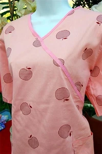 NEW Large MEDICAL NURSING Apple SCRUB Stripe Cotton UNIFORM Peach V NECK TOP - Picture 1 of 2
