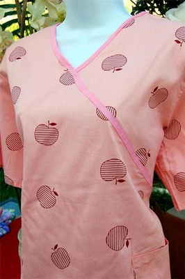 NEW Large MEDICAL NURSING Apple SCRUB Stripe Cotton UNIFORM Peach V NECK TOP - Image 1 of 2