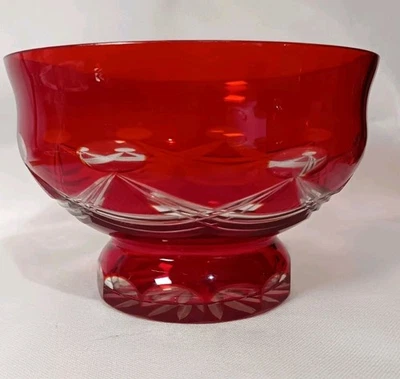 Ruby Red Bohemian Cut To Clear Glass Bowl W/ Pedestal - Please Read Description - Image 1 of 4