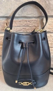 Ralph Lauren Womens Leather Drawstring Bucket Purse Bag Black Gold Tone Hardware - Picture 1 of 15