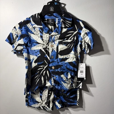 Conjunto de pantalones cortos y camisas hawaianas Volcom para niños talla 24 m/2 T nuevo con etiqueta azul negro   Foto 1 de 4