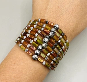 Vintage Boho Brown Green Seed Beaded Cuff Bangle Statement Bracelet - Picture 1 of 3