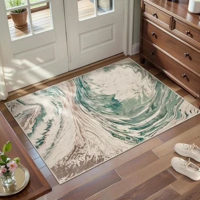  Alfombra abstracta moderna 2x3 lavable pequeñas alfombras suaves de entrada, verde no  Foto 1 de 4