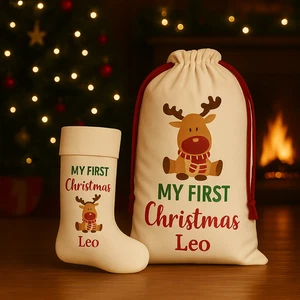 Personalisierter 1. Weihnachts Nikolaus Sack, Rudolph Weihnachtssack, Weihnachtsstrumpf - Bild 1 von 6