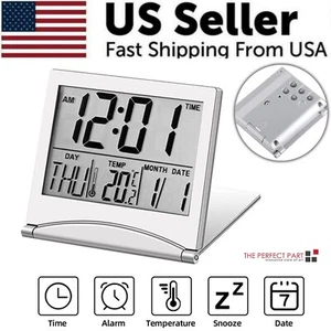 Digital Travel Alarm Clock Foldable Temperature LCD Clock Compact Desk Timer New - Picture 1 of 17