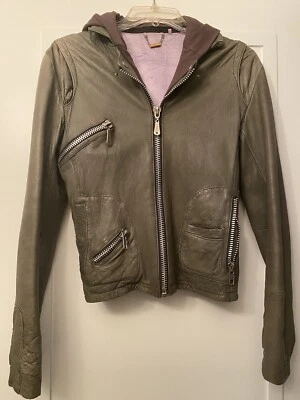 Soft Sage Green DOMA Motorcycle Leather Jacket w/Grey Zippered Hoodie (MED) - Image 1 of 4