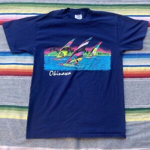 Vtg 90s Okinawa Japan Windsurfing Tourist Souvenir T Shirt Vacation Neon Beach