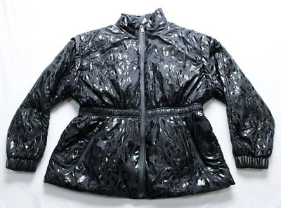 Chaqueta acolchada para mujer DKNY cuello alto estampado animal cremallera bolsillo LC7 negra grande Foto 1 de 4