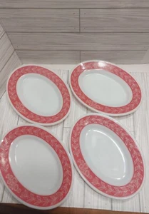 SET OF FOUR (4) PYREX 794 RED LAUREL LEAF AUTUMN BAND CORNING OVAL PLATTER 9.5” - Picture 1 of 6