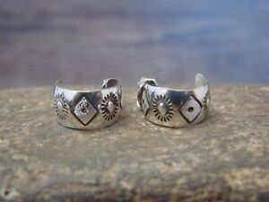 Navajo Indian Hand Stamped Sterling Silver Hoop Earrings - Tahe