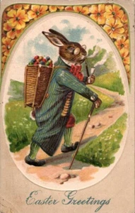 Anthropomorphic Easter Postcard Rabbit with Glasses Basket of Eggs Posted 1909 - Picture 1 of 2