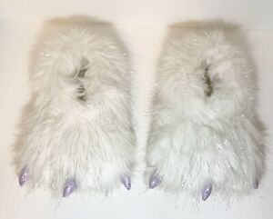 Women’s Medium 7/8 Furry Monster Feet Slippers White Silver Fun Fur Footwear
