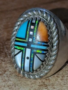 Vintage Men's Sterling Silver Navajo Native American Multi Stone Ring SZ 11 - Picture 1 of 9