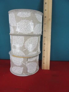 3 Rolls Celebrate! Harvest Ribbon Wired Edges 2.5" x 15' Fall Tan White Leaves - Picture 1 of 4