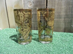 Set of 2 Cera Glass Old World Map Atlas 22K Gold 5 1/2" High Ball Glasses - Picture 1 of 5