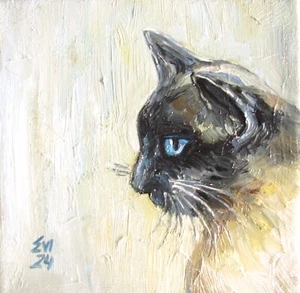 Gato siamés pintura al óleo original gato arte de pared pequeño arte lienzo 6x6 pulgadas - Imagen 1 de 3
