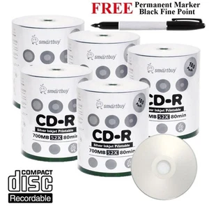 500 Smartbuy 52X CD-R Silver Inkjet Hub Disco Stampabile + Marcatore Permanente Nero - Foto 1 di 4