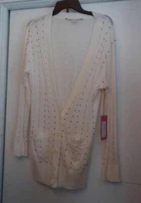Cardigã Chelsea & Violet novo com etiquetas L $98 branco manga longa bolso frontal cravejado de metal - Imagem 1 de 4