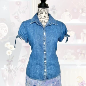 vintage Y2K LIMITED TOO blue jeans denim coastal cowgirl tie sleeve blouse Sz S - Picture 1 of 8