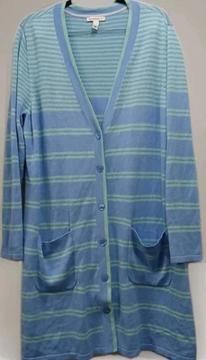 Cárdigan para mujer XL azul verde a rayas largo botón delantero tejido plumero bolsillos Foto 1 de 4