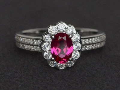925 Sterling Silver Pink Ruby Lab Created Women Dainty Ring US Duty Free - Image 1 of 4