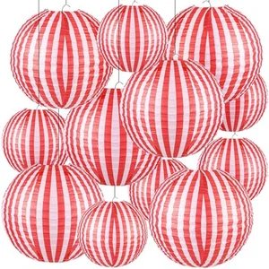 12 Pcs Carnival Circus Decorations Red and White Stripes Paper Lanterns Chine... - Picture 1 of 7
