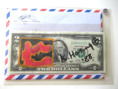 K. HARING: 2 Dollar ORIGINAL SIGNIERT, SKIZZIERT, DATIERT, BEARBEITET, von 1988 - Bild 1 von 4