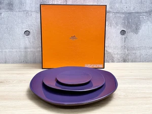 C-11259 HERMES Wood Plate Set 3-piece set Purple Wooden Tableware Serie Logo - Picture 1 of 12