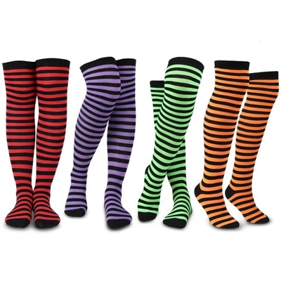 4 Pairs Halloween Witch Socks for Women Knee Thigh High Striped Socks Witch S... - Image 1 of 4