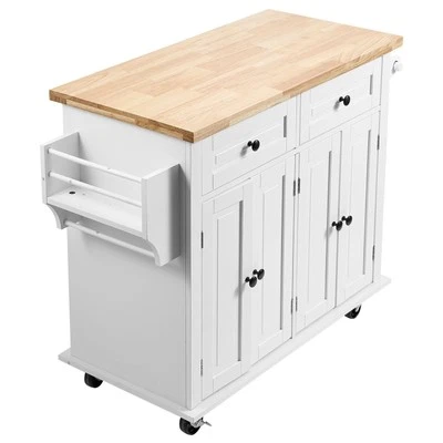 White Kitchen Island w/Wood Top - 35.4" Mobile Cart w/Spice Rack & Storage - Image 1 of 4
