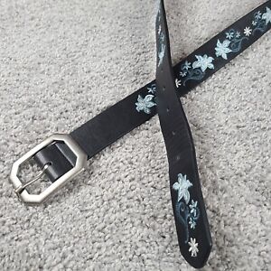 Women's Black Leather Belt With Embroidered Blue Floral Design 44-Inch