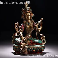 Tibet bronze Gilt filigree turquoise gem Kwan-Yin lute Fairies Saraswati statue