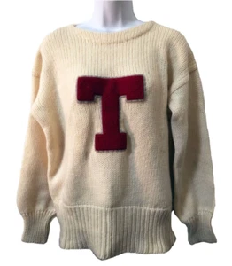 VTG 50s Highland Knitting Mills 100% Wool Ivory Letter "T" Pullover Sweater M - Picture 1 of 7