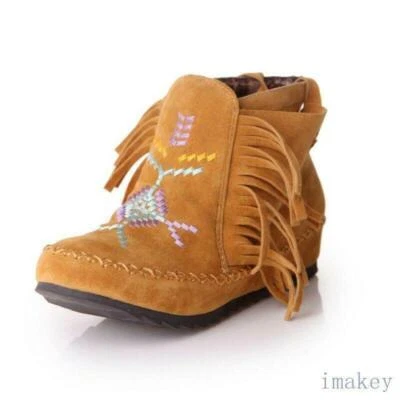 Women's Faux Suede Tassel Hidden Heels Outdoor Ankle Boots Casual Slip On Shoes - Image 1 of 4