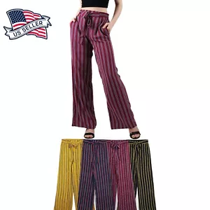Pantalone donna Pallazzo lino salotto floreale con RIGHE vacanza spiaggia Europa - Foto 1 di 13