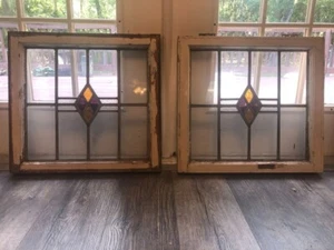 PAIR of ANTIQUE STAINED LEADED GLASS WINDOWS euro geometric architectural - Picture 1 of 3