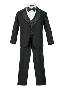 Toddler Boys Tuxedo suit 5pc set coat,satin pattern vest,pant,shirt,Bow tie - Picture 1 of 5