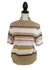 Ann Taylor Womens Sweater XL Brown White Pink Striped Short Sleeve Preppy - Picture 1 of 8
