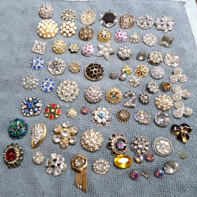 76 Vintage & Antique Metal & Celluloid Buttons w/ Rhinestones Paste - Image 1 of 4