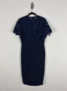 Nwt Lela Rose Floral Lace Placed Sheath Dress Size 12 Navy Blue Wool Blend - Picture 1 of 11